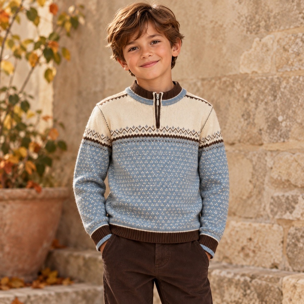 Hanna Andersson 1/4 Zip Sweater Combed Cotton Kids 130 8 Blue Brown Fair Isle